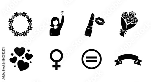 Feminine symbols collection: empowerment, beauty, and love icons in silhouette style
