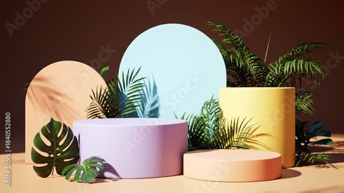 Pastel scene with tropical foliage, cylindrical pedestals, and arch backdrops. Shadow details