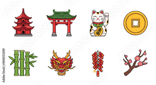 Traditional asian icons set featuring cultural symbols and lucky charm illustrations