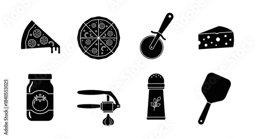 Black and white pizza icons set with cooking tools and ingredients