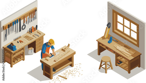 Carpenter working in workshop using hand tools, woodworking craftsman shaping wood on workbench, carpentry studio with tools, equipment, interior workspace