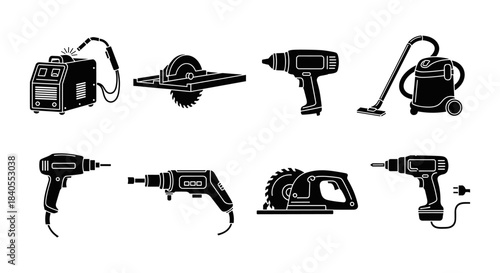 Silhouette icons of power tools for construction and home use