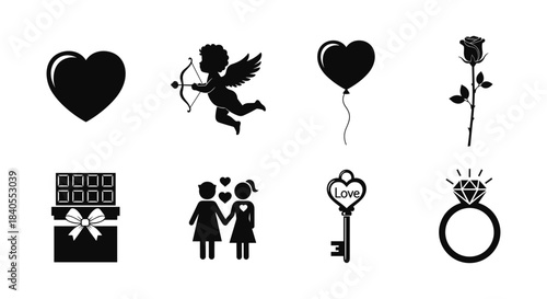 Romantic icons: cupid, hearts, rose, chocolate, and engagement themes in silhouette art
