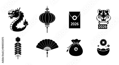 Black and white symbols of 2026 chinese new year icons featuring dragon, lantern, fan, and tiger