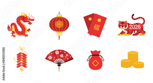 Traditional lunar new year symbols with dragon, lantern, red envelopes, and tiger