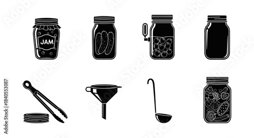 Black and white silhouette icons of canning jars and kitchen tools