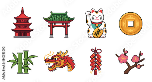 Colorful oriental icons featuring traditional symbols and cultural elements
