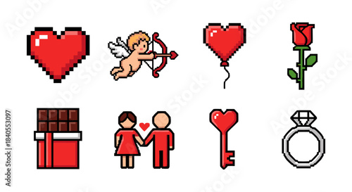 Pixel art valentine's icons: hearts, cupid, rose, chocolate, couple, key, ring
