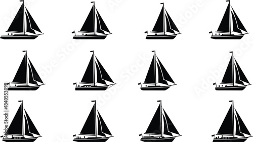 Sailboat silhouette flat vector illustration set, various sailing boat icons collection, nautical maritime vessel symbol, transport yacht monochrome graphic design element, isolated