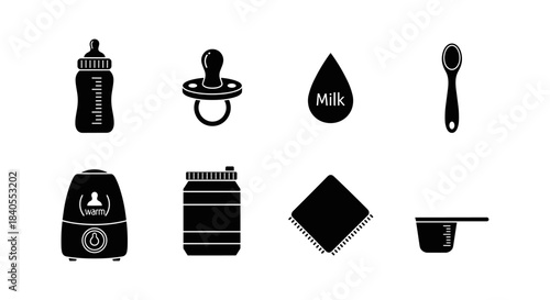 Essential baby feeding icons: bottles, pacifiers, and more in silhouette design
