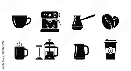 Coffee icons set: silhouette style featuring mugs, coffee machine, and beans