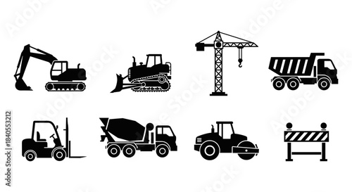 Construction equipment silhouettes: excavator, bulldozer, crane, and more