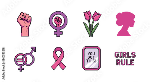 Empowering feminism icons set featuring gender symbols and motivational messages