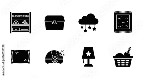 Nursery room icons: essential baby items in black silhouette style