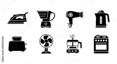 Silhouette set of kitchen and home appliances on white background