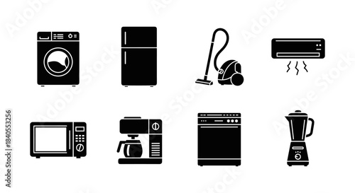 Essential home appliances icons in minimalist silhouette style