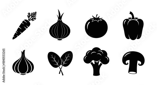 Silhouette icons of common vegetables with bold shapes for modern designs