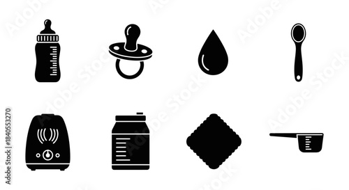 Baby essentials icons: silhouette collection of feeding tools and accessories