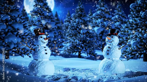 Two snowmen with top hats and twig arms stand in a snowy forest scene