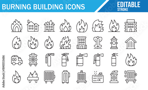 Fire accident and emergency response outline icon set for web and print