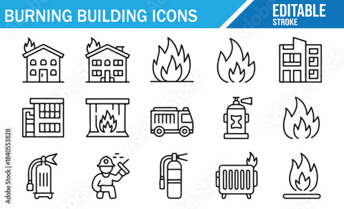 Emergency fire and burning building vector icons isolated on white background