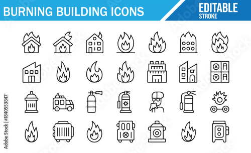 Fire disaster and burning house outline icon collection vector set