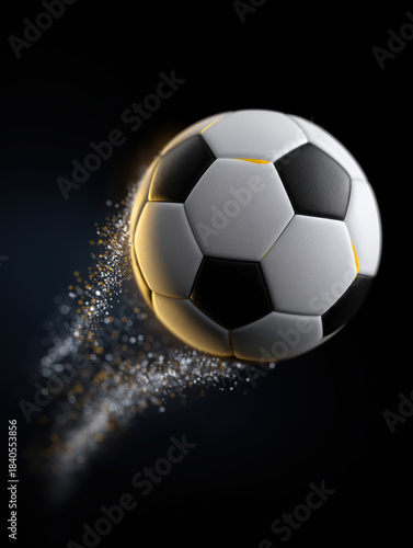 Soccer ball moves fast with a trail of sparkles behind it