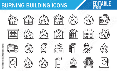 Burning building and fire emergency icon set with flames and rescue symbols