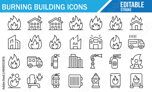 Burning building and fire emergency icon set with flames houses factory and rescue symbols in modern outline vector style isolated on white background for safety, disaster and emergency design