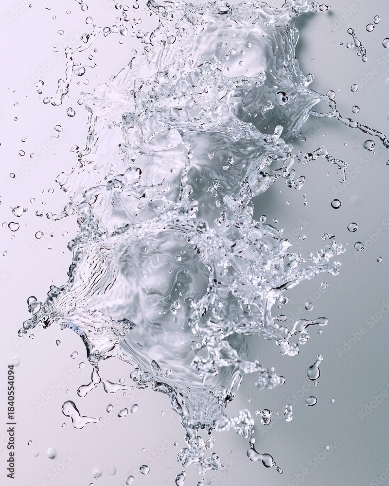 Obraz premium Water explodes, droplets fly in a burst of liquid motion against a light background