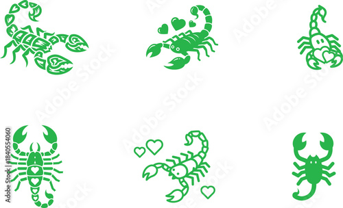 A diverse collection of six stylized green scorpion vector illustrations and icons showcasing
