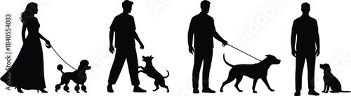 Set of four distinct black silhouettes depicting pet owners and their dogs, illustrating people walking, interacting, and standing with various dog breeds, flat vector illustration, cad drawing
