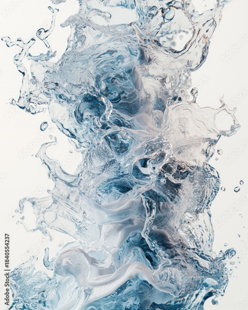 Fototapeta premium Water splash formation dynamic, swirling blue and white liquid against a bright backdrop