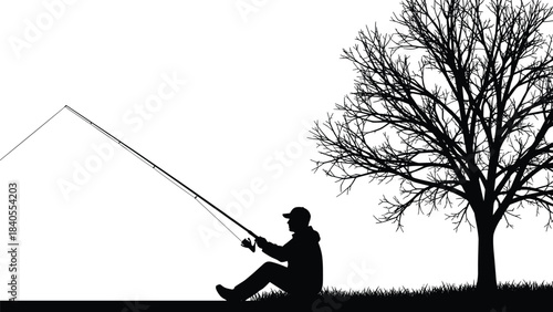 Silhouette of a lone man fishing peacefully by a lake or river, seated under a bare winter tree, patiently waiting for a bite, outdoor recreation vector illustration.