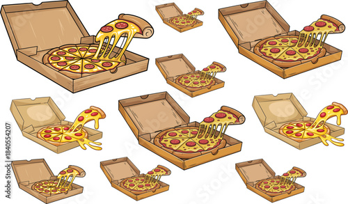 Cartoon delicious pepperoni pizza slice with melting cheese in open delivery box, fast food illustration, tasty meal design concept vector