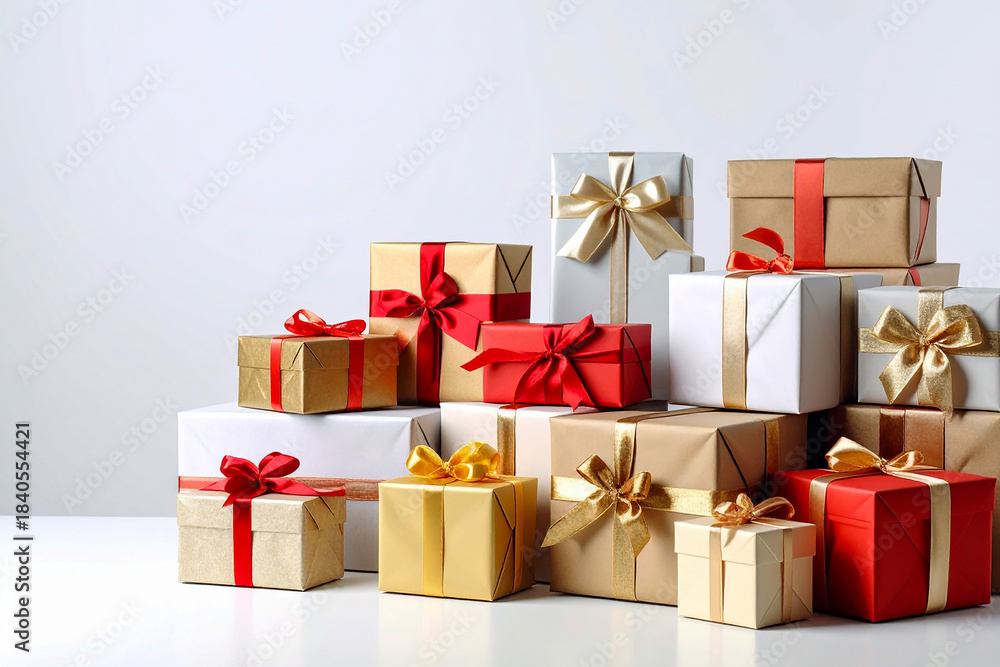 Obraz premium Red Christmas gift box or present with a gold ribbon and bow, a festive holiday celebration object isolated on a plain background for shopping or birthday surprise