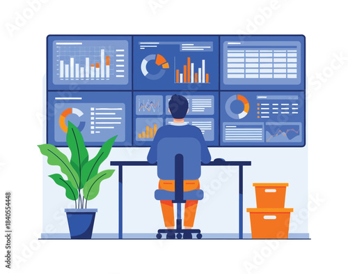 Professional analyzing complex data on a multi-screen setup in a modern office