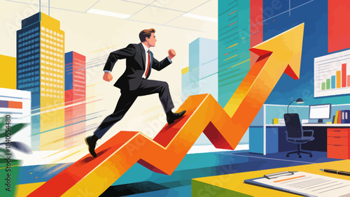 This vibrant illustration shows a business professional running up an upward-trending graph, set against a city/office backdrop, symbolizing career growth, business success, and upward progress.