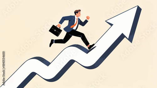 This vibrant illustration shows a business professional running up an upward-trending graph, set against a city/office backdrop, symbolizing career growth, business success, and upward progress.