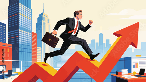 This vibrant illustration shows a business professional running up an upward-trending graph, set against a city/office backdrop, symbolizing career growth, business success, and upward progress.