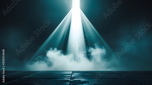Dramatic Scene Features Single Beam of Light Cutting Through Haze or Fog Illuminating Tiled Floor Creates Sense of Mystery and Intrigue Perfect for Stage Backdrops