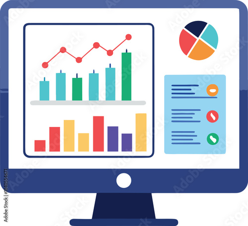 Data analysis dashboard shown on a computer screen with charts and graphs displayed