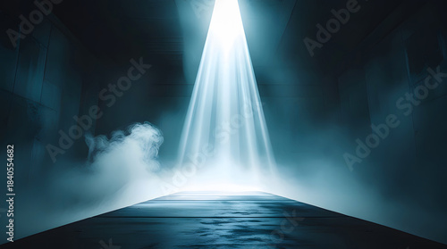 Empty Dark Room Illuminated by Light Beams and Fog Creating Abstract Environment for Product Placement with Cold Tones Emphasizing Mystery and Industrial Ambience