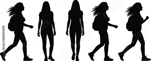 Silhouette of diverse young female students or women walking, standing, and carrying backpacks in various dynamic poses, suitable for architectural, population, or urban planning flat