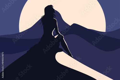 Woman sitting on dune under giant moon in abstract blue night landscape, modern flat vector illustration symbolizing dreams, solitude, self reflection and feminine mystery.​