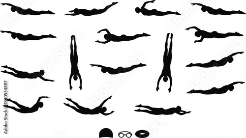 Silhouettes Collection of Swimmers and Synchronized Swimming Figures, Underwater Water Sport Actions, Various Poses, Artistic Handstands, and Floating Movements, Vector Illustration Set, Isolated.