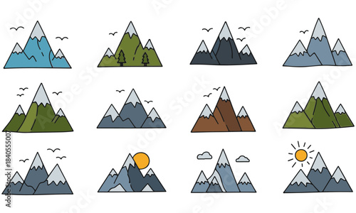 Hand Drawn Mountain Icons Collection: Diverse Set of 12 Doodle Style Vector Illustrations Featuring Snowy Peaks, Green Hills, Pine Trees, Sun, Clouds, and Flying Birds - Perfect for Nature, Travel