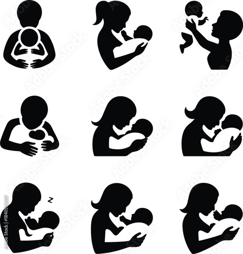 Diverse silhouettes depicting motherhood and nurturing bonds with infants