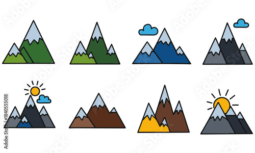 Hand Drawn Mountain Icons Collection: Diverse Set of 12 Doodle Style Vector Illustrations Featuring Snowy Peaks, Green Hills, Pine Trees, Sun, Clouds, and Flying Birds - Perfect for Nature, Travel