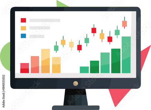 Financial data visualization on a computer screen showing charts and market analysis trends